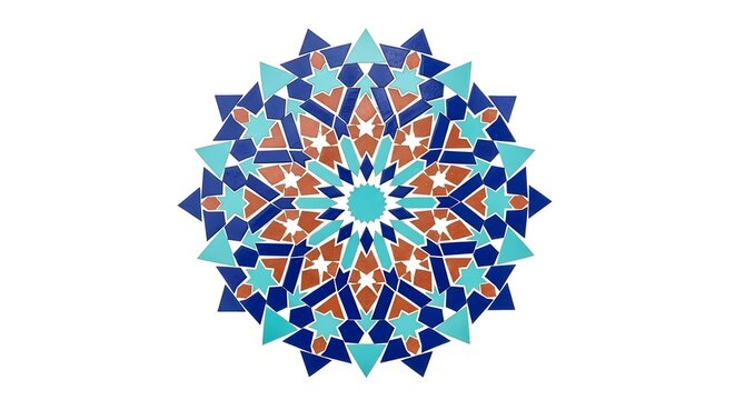 Intricate geometric mosaic pattern in blue and terracotta hues on a white background