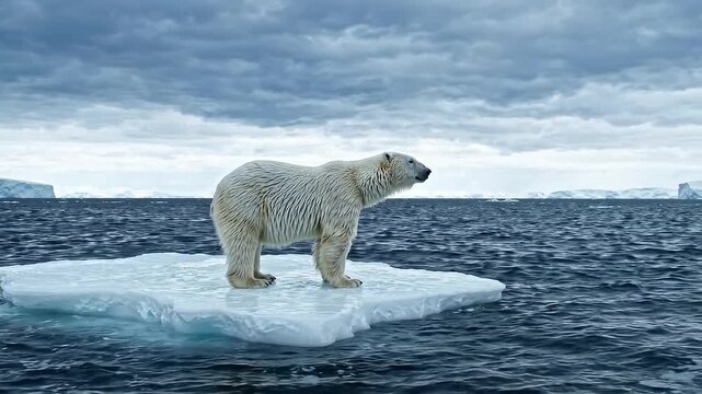 A polar bear stands on a small ice floe in a cold ocean in an environmental conceptual scene.