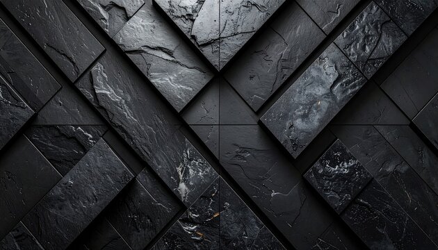Dark angular stone arrangement creates a bold geometric pattern with textured surfaces and varying shades of gray and black