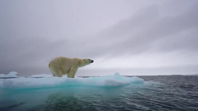 A polar bear stands on a small ice floe in a cold ocean in an environmental conceptual scene.