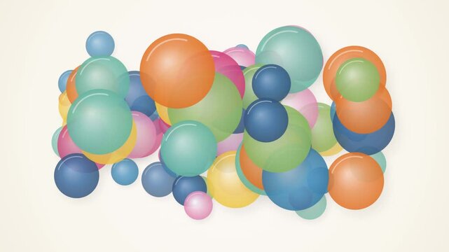 Pile of colorful glossy spheres moving and overlapping gently on a light background, abstract motion graphics.