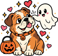 Obraz premium Cute Ghost Petting Bulldog Halloween Vector Art