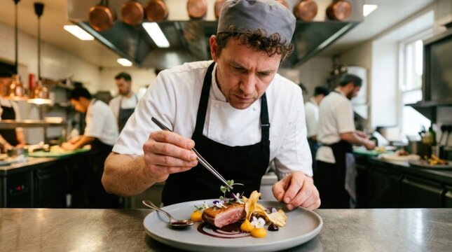 Culinary artist precision: gourmet chef, professional kitchen, garnish dish, prepare food, plate master, elegant presentation, delicate taste, create meal, dinner service.