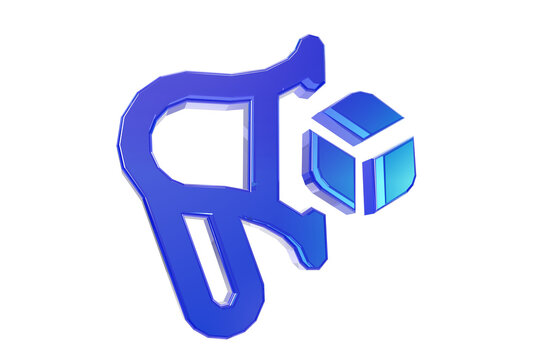 Abstract blue 3d logo or symbol featuring a futuristic abstract letter or shape next to a geometric cube, isolated on transparent background