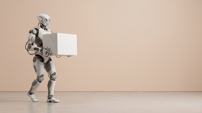 A white humanoid robot walks across a room carrying a large plain white box in its hands ad social media download thambnail poster web template event festival 2026 2027 2028