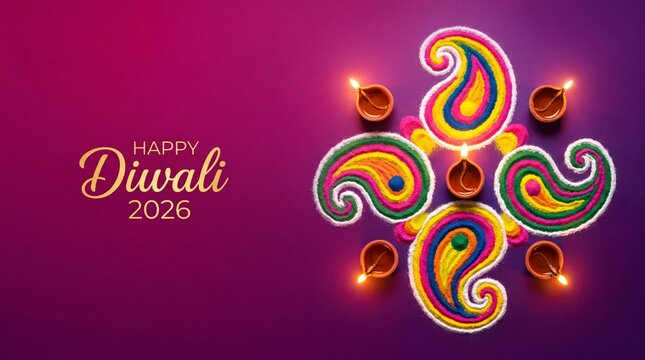 Diya oil lamps lit on colorful rangoli diwali