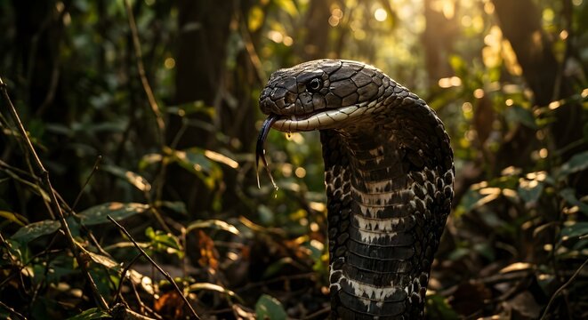 a king cobra's head raised against warm golden jungle light