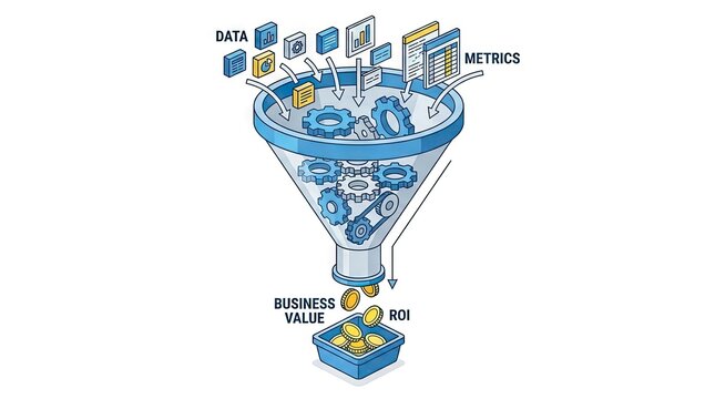 Isometric business funnel converting data into ROI coins.