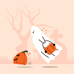 Fototapeta premium spooky jack o lantern running from cute ghost with pumpkin bucket vector illustration