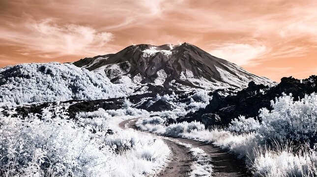 Majestic infrared mountain landscape with winding dirt path and dark rocky peak under orange sky