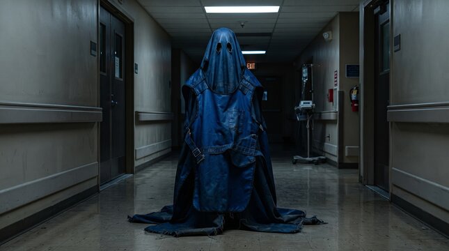 A ghost costume constructed from heavy medical lead aprons representing the protective weight of hidden fears.