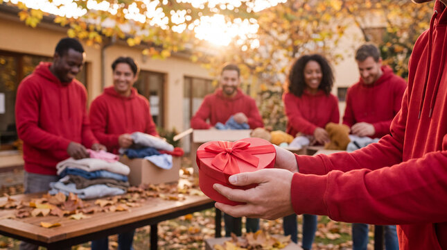 Volunteer hands hold a heart-shaped gift box at a Giving Tuesday charity donation event, symbolizing love and community support for holiday campaigns.