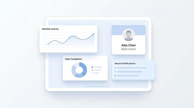 White glassmorphism dashboard UI with charts and data.