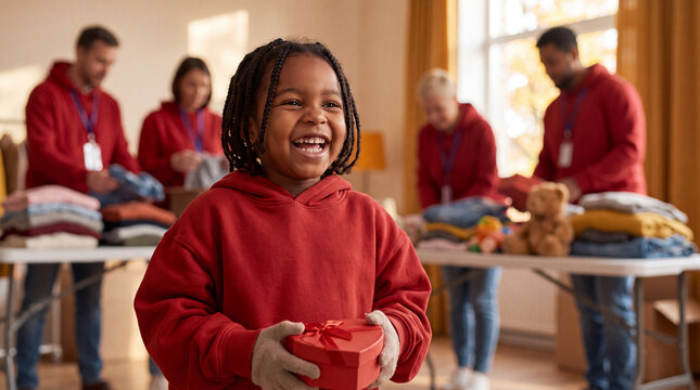 A happy child volunteer holds a heart-shaped gift box at a Giving Tuesday charity event, spreading love and joy for holiday donation campaigns.