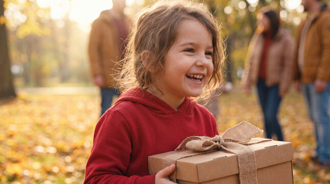 A cheerful child volunteer holds a ribbon-wrapped gift box outdoors on Giving Tuesday, celebrating generosity and autumn charity campaigns.