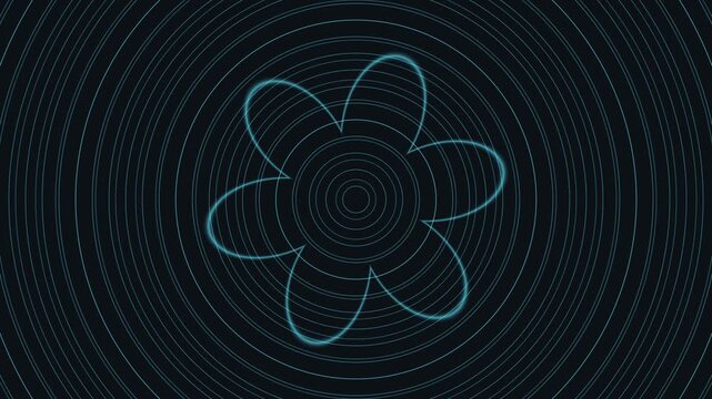 Abstract blue neon geometric flower orbiting on a dark circular dotted vector background