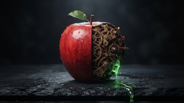 A poison apple where half the skin is smooth red and half is rusted brass gears representing the engineering of toxic foods.