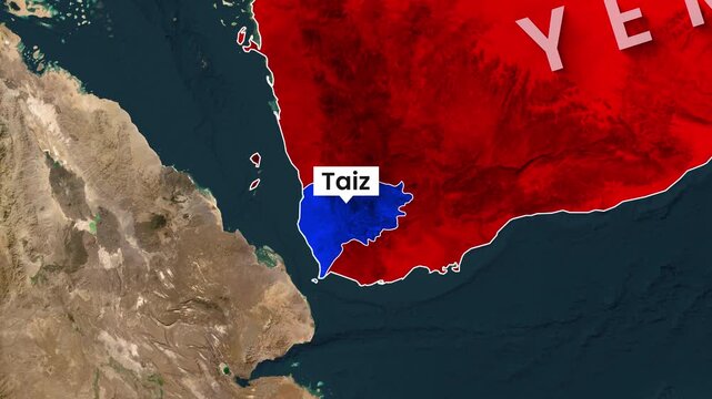 Animated map footage showing Taiz region within Yemen's conflict zones
