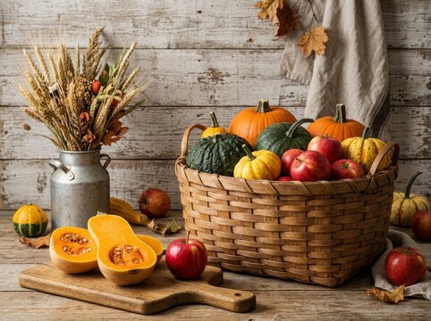 Assorted autumn harvest vegetables and fruits in a wicker basket on a rustic wooden table background