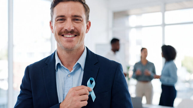 A young businessman holds a light blue ribbon in a bright office for Movember men's health awareness and corporate wellness campaigns.