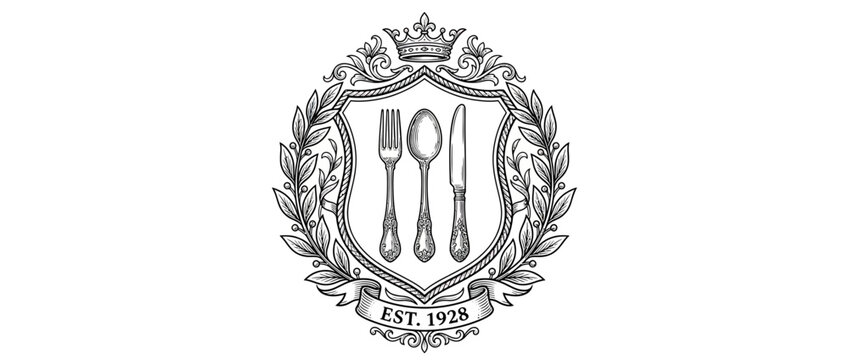 Vintage Crest Emblem with Cutlery and Laurel Wreath