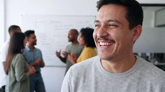 A laughing businessman with a mustache enjoys a light moment at the office for Movember mental health and employee wellbeing content.