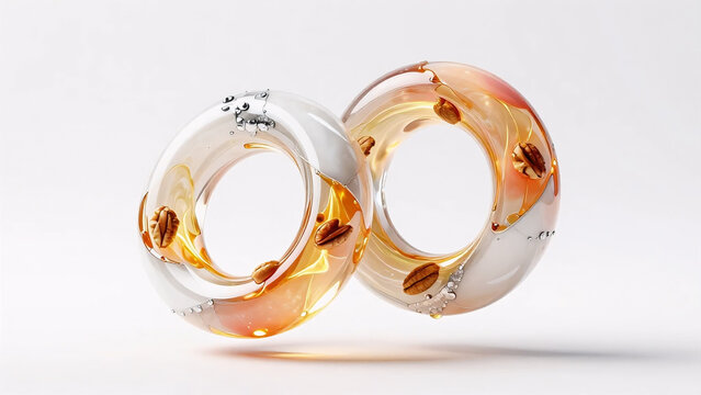 Warm luxe promise rings: interlocking optical crystal torus rings with glowing liquid peach gold plasma