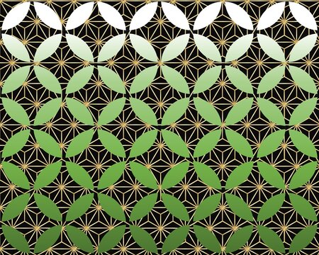 Japanese Traditional Pattern: Golden Asanoha and Green Shippo Motif on Black Background. Luxury Matcha Tea Concept Design.