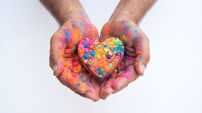Human hands holding a colorful heart shaped powder cake for holi festival celebration isolated on white background