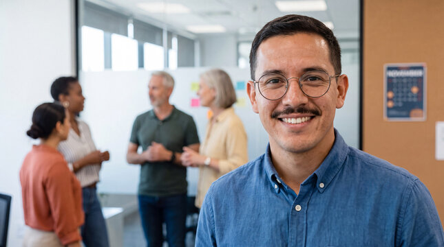 A confident young businessman with glasses and a mustache smiles in an office for Movember men's health awareness and workplace campaigns.