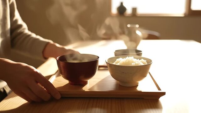 Breakfast Tray with Steaming Miso Soup Carried to a Table
