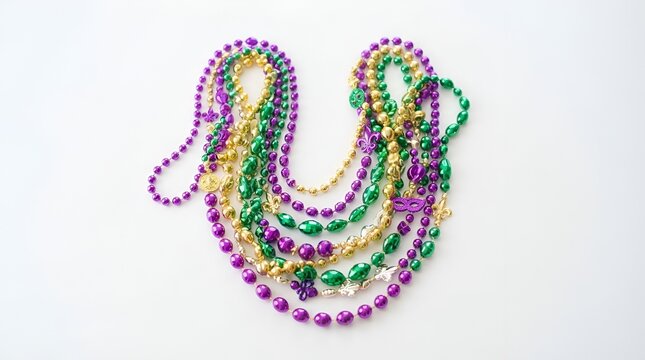 Colorful mardi gras bead necklaces in purple green and gold colors isolated on white background