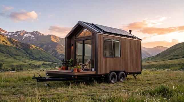 Modern tiny house on wheels in a scenic mountain valley at sunset