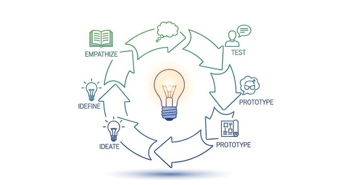 Creative Business Concept Diagram with Lightbulb Idea Centered in Circular Flow of Innovation, Strategy, and Growth