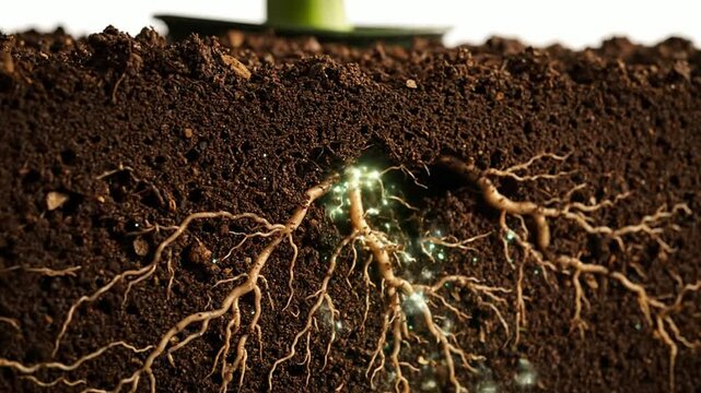 Organic farmer examining nutrient-rich soil structure and root systems in sustainable agricultural field with precision tools