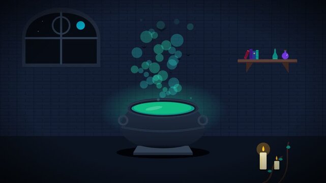 Magical alchemist cauldron boiling with glowing potion and mystical smoke