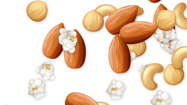 Animated Burst of Mixed Nuts and Popcorn on White Background