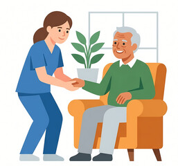 Fototapeta premium Female caregiver holding hands with elderly man in armchair illustration.