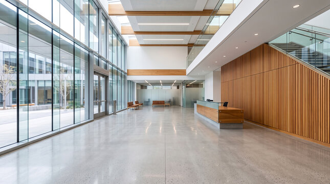 Empty modern office lobby in a modern corporate workplace setting for business and teamwork concepts