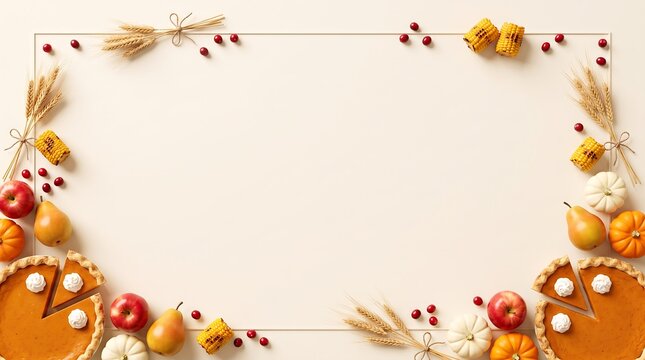 Thanksgiving frame border with pumpkins apples and pie on beige background