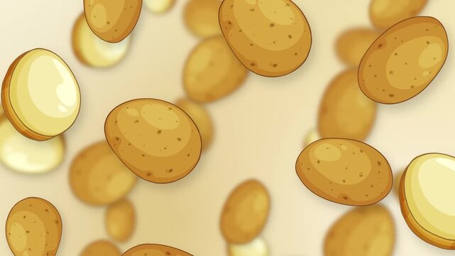 Animated Falling Whole and Sliced Potatoes on Light Background