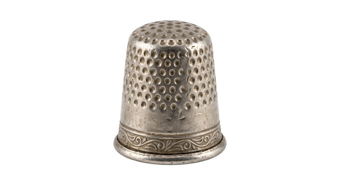 Centered full studio shot of a vintage silver sewing thimble isolated on a transparent background.