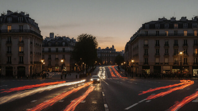 Exposition longue, paysage de nuit, filet de lumi&egrave;res dans la ville avec b&acirc;timents et courbes

