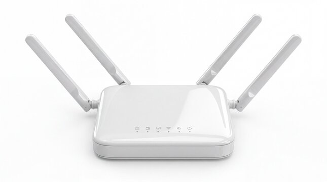 White wireless wifi router with four antennas on white background