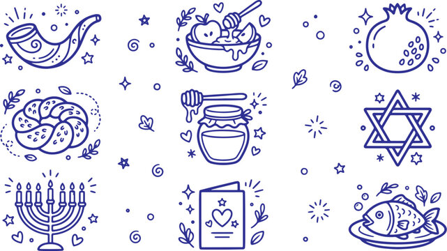Hand Drawn Doodle Rosh Hashanah Icons | Vector Jewish New Year Holiday Illustration Pack