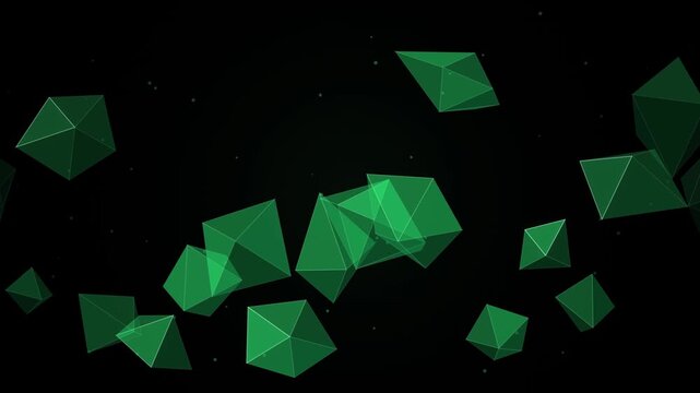 Abstract green geometric octahedrons floating in dark space with glowing particles and motion blur.
