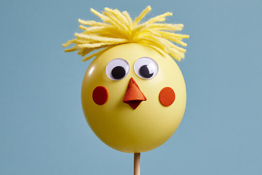 Balloon baby chick craft character with orange beak and yellow yarn tuft