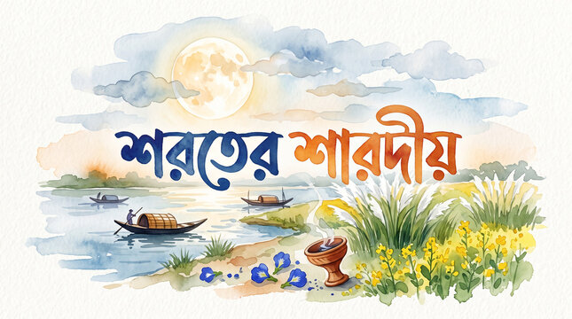 Shoroter Sharadiya Bengali Calligraphy Watercolor Landscape Illustration with Kash Phool and River Boats