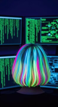 Brightly colored neon hair glows in a dark room with multiple computer screens displaying green code data and technical equipment setups, atmosphere, colorful, programming