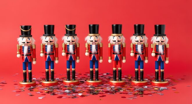Classic wooden nutcracker soldiers stand elegantly amidst shiny metallic confetti scattered across a vibrant and festive red backdrop, invitation, greeting, decoration
